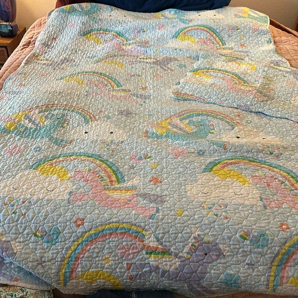 🩵🩵🩵🩵Yes I Can Twin quilt coverlet unicorn rainbows clouds blue pink w/ sham